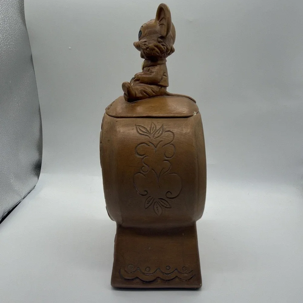 Vintage 1960 Brown Twin Winton Cookie Time Mouse Clock Ceramic Cookie Jar 14